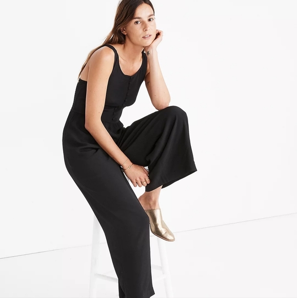 Madewell Jumpsuit smocked button front crop black 2 - Picture 4 of 10
